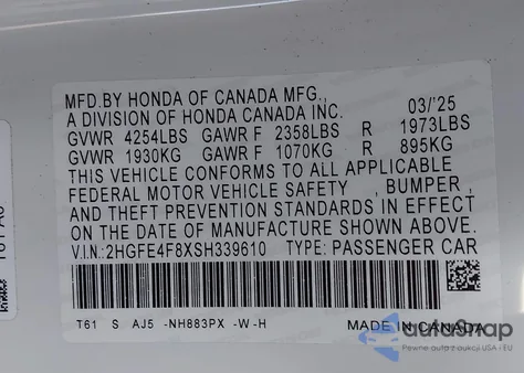 2025 Honda Civic Hybrid Sport/Sport Touring из США, поврежденный, VIN 2HGFE4F8XSH339610